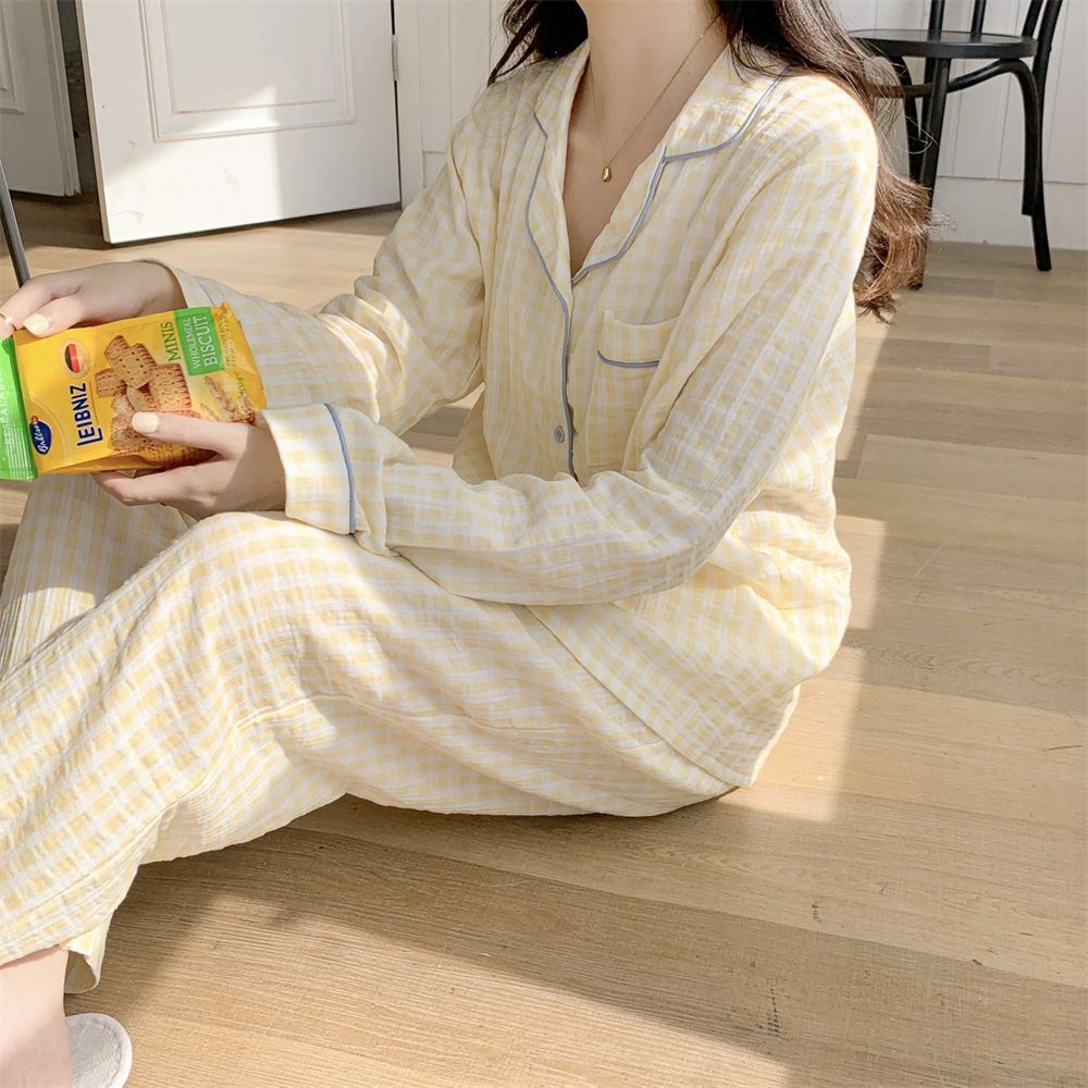 Spring and Autumn Japanese Style ins Color-Block Plaid Couple Pajamas for Women, Simple Outerwear, Cute Long-Sleeve Homewear, Men's Set