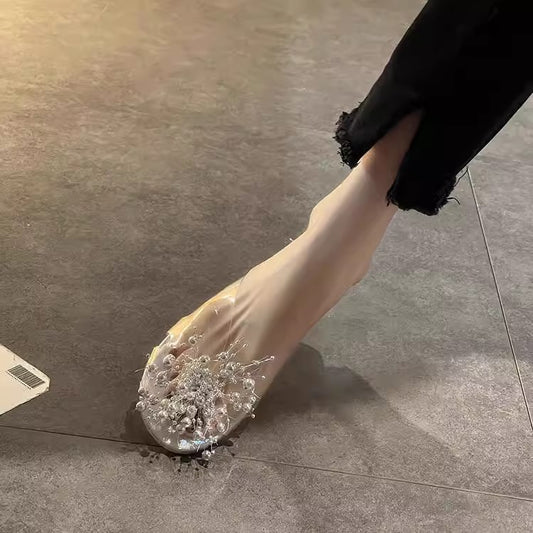 Sparkling Silver Transparent Beaded Closed-Toe Mules for Women2024Summer Internet Celebrity Super Popular Sandals Slippers