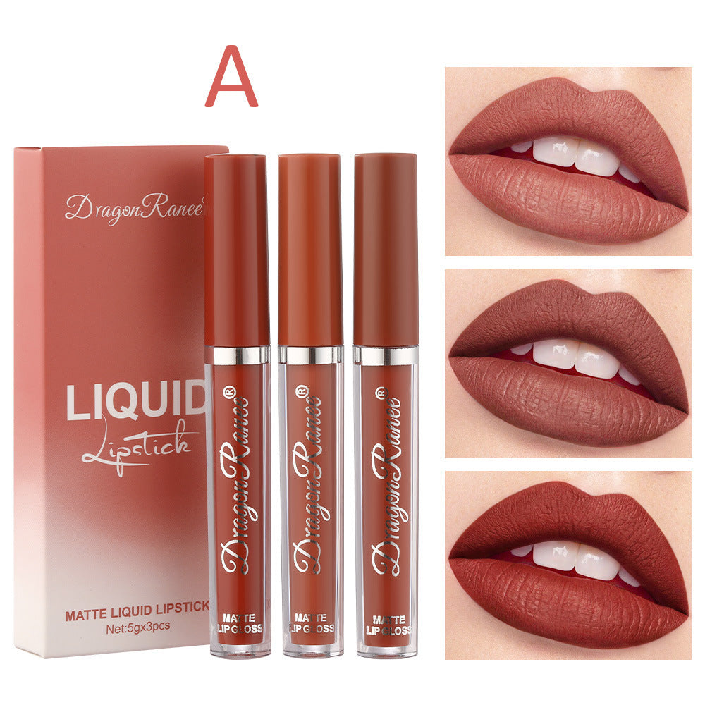 Cross-border Lip Gloss Set3Velvet Matte Lip Gloss Lipstick Orange Milk Tea Red Bean Paste Color Lip Gloss Wholesale