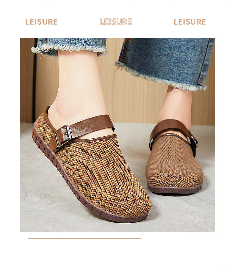 Shoes Women's Casual New Style Versatile Soft Sole Sandals insF French Style Women's Outdoor Slippers Flyknit Mesh Closed Toe Half Slipper
