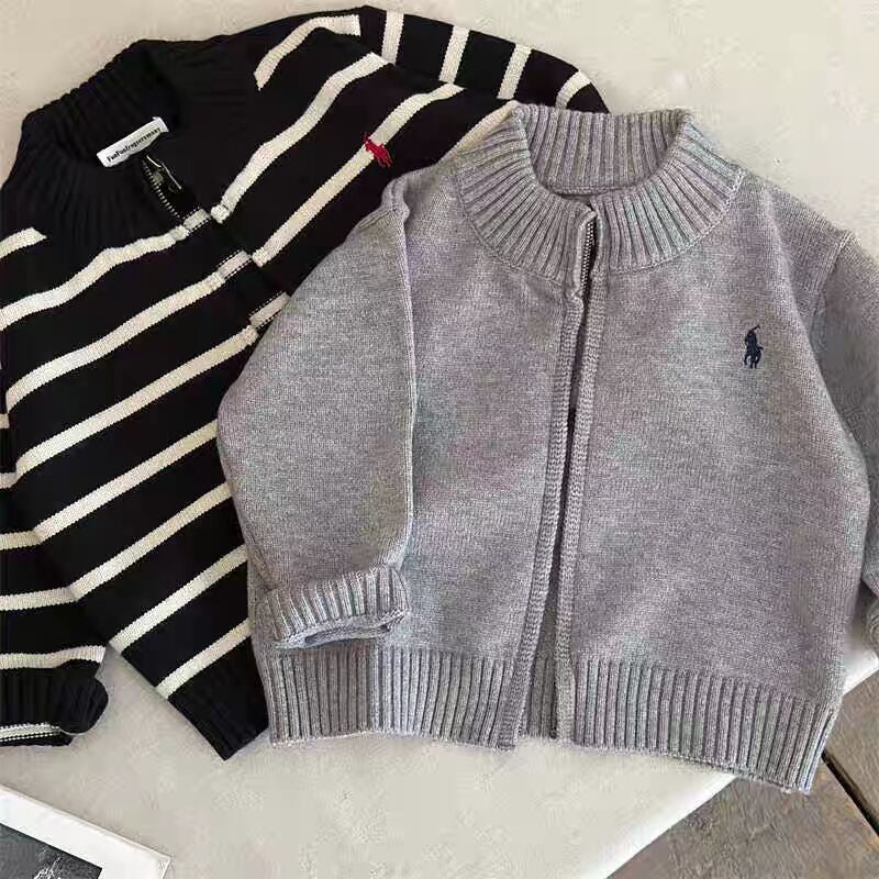 Children's Sweater2025Spring and Autumn Boys' Stand Collar Zipper Knitted Cardigan Baby Toddler Autumn Striped Jacket Children's Clothing