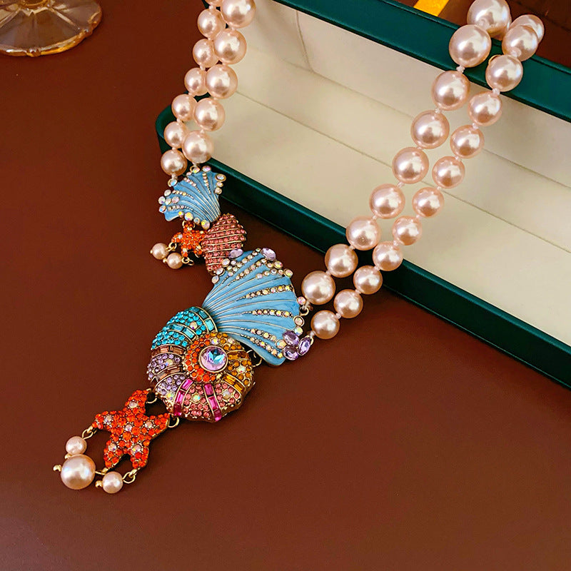 Medieval vintage Necklace with Inlaid Diamonds, Oil Drop Shell Conch Pearl Necklace, Exaggerated Vintage Jewelry Manufacturer Wholesale