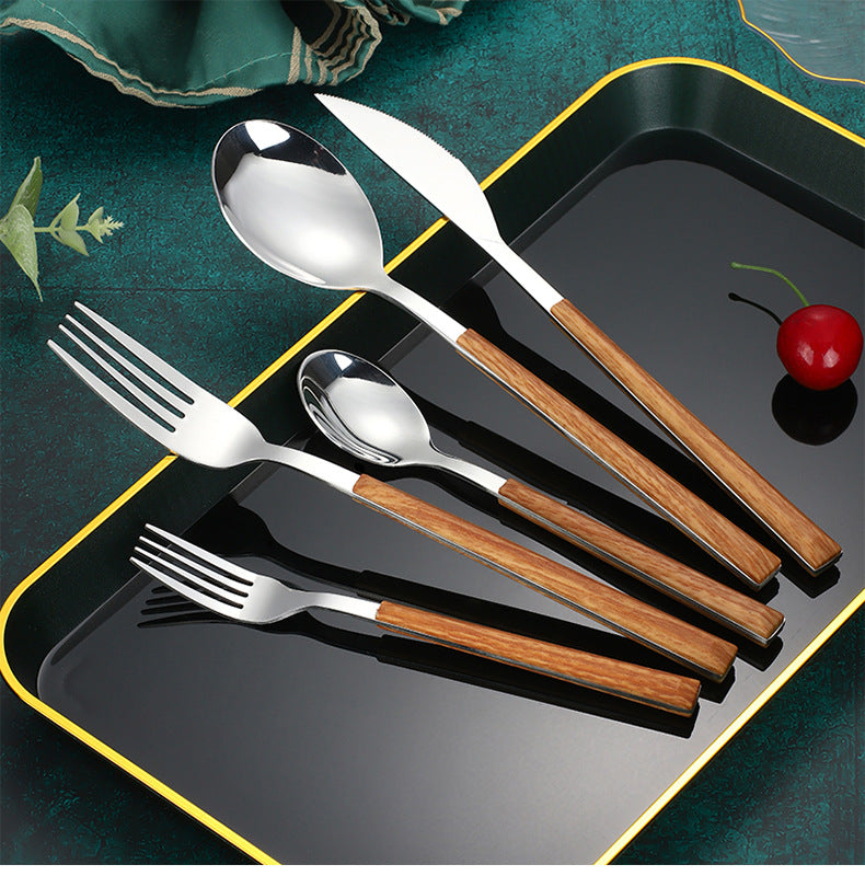 Stainless Steel Clip Handle Tableware Japanese and Korean ins Imitation Wood Grain Handle Steak Knife Fork Spoon Set Wooden Handle Dessert Spoon