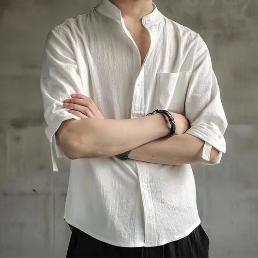 Japanese Retro Stand Collar Short Sleeve Shirt for Men Summer Trendy Brand Style Elegant Men's Shirt Plus Size Three Quarter Sleeve