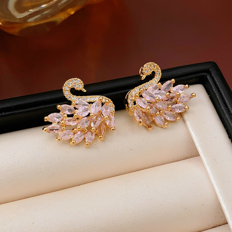 Real Gold Plated Silver Needle Zircon Swan Earrings Niche Light Luxury Exquisite ins Earrings with a high-end feel versatile for women