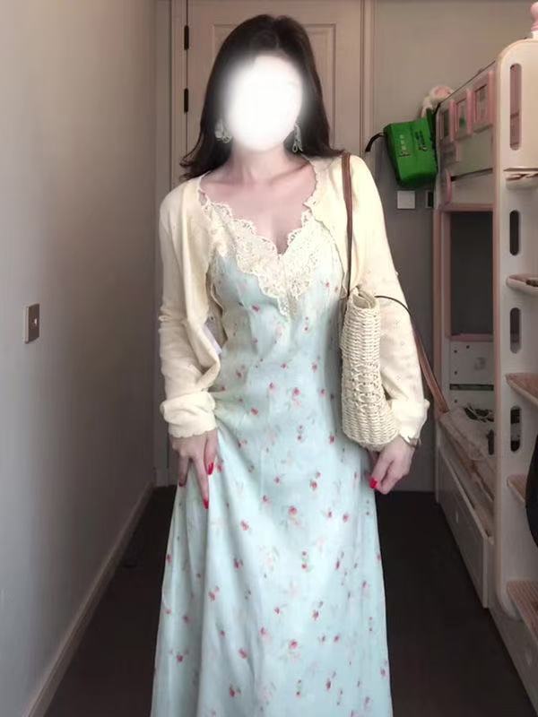 Fat mm Gentle Style Floral Strap Dress Plus Size Set for Women Spring Summer Long Sleeve Cardigan Lace Patchwork Waist-Cinching Long Dress