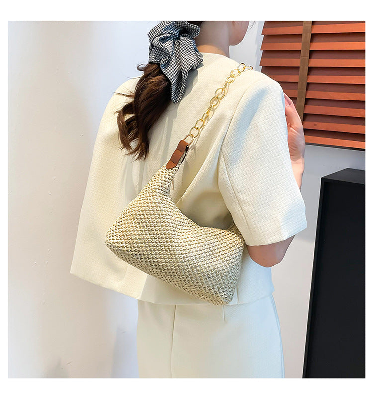 South Korea ins Vintage Woven Tote Bag Straw Bag Large Capacity Underarm Bag Shoulder Bag Vacation Style Beach Bag for Women