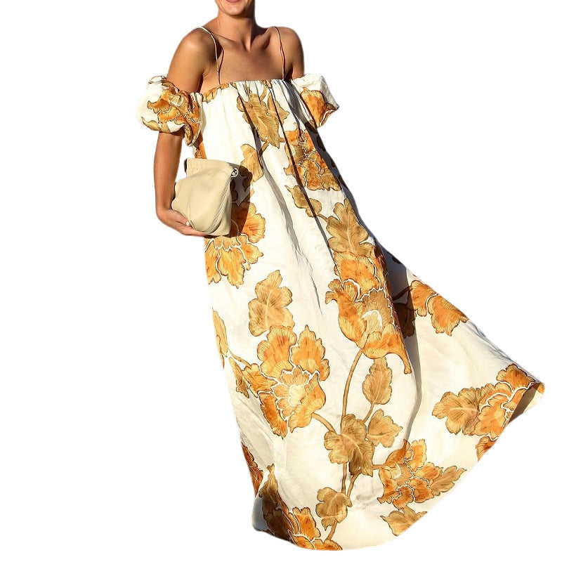 Printing Suspenders Vacation Style Dress