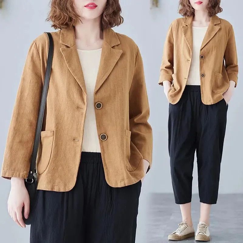 Cotton and Linen Blazer Small Suit2025Spring and Autumn New Loose Artistic Versatile Long Sleeve Casual Elegant Sun Protection Shirt for Women