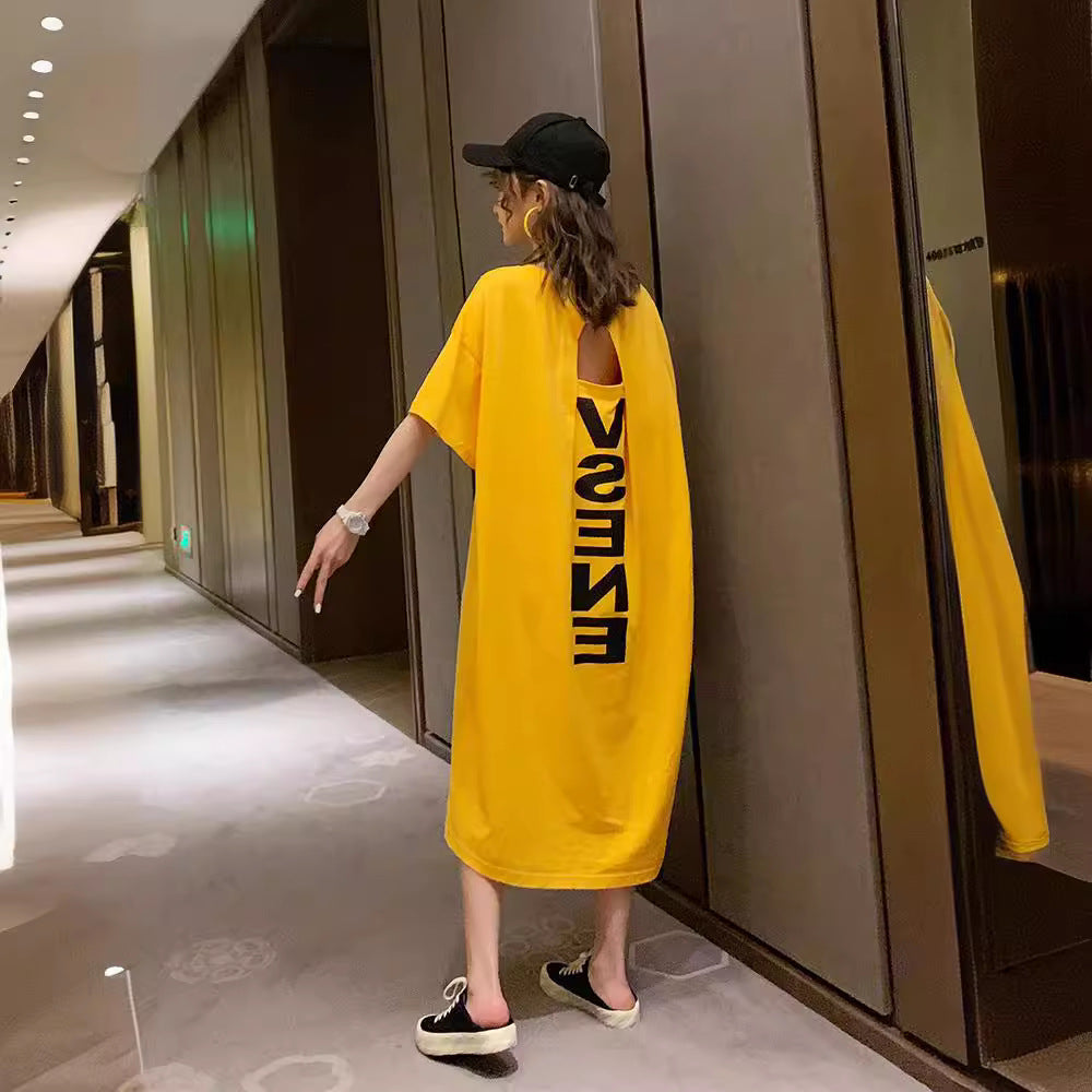 Summer Korea200Jin Fat mm Dress Women's Long Backless Loose Maxi Dress Plus Size Short Sleeve Maternity T T-shirt Skirt