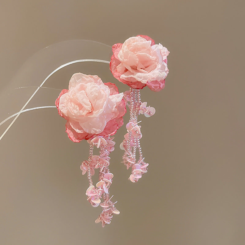 Resort Style Silver Needle Fabric Flower Tassel Earrings High-End Fashion Earrings Bohemian Sweet Exaggerated Ear Jewelry