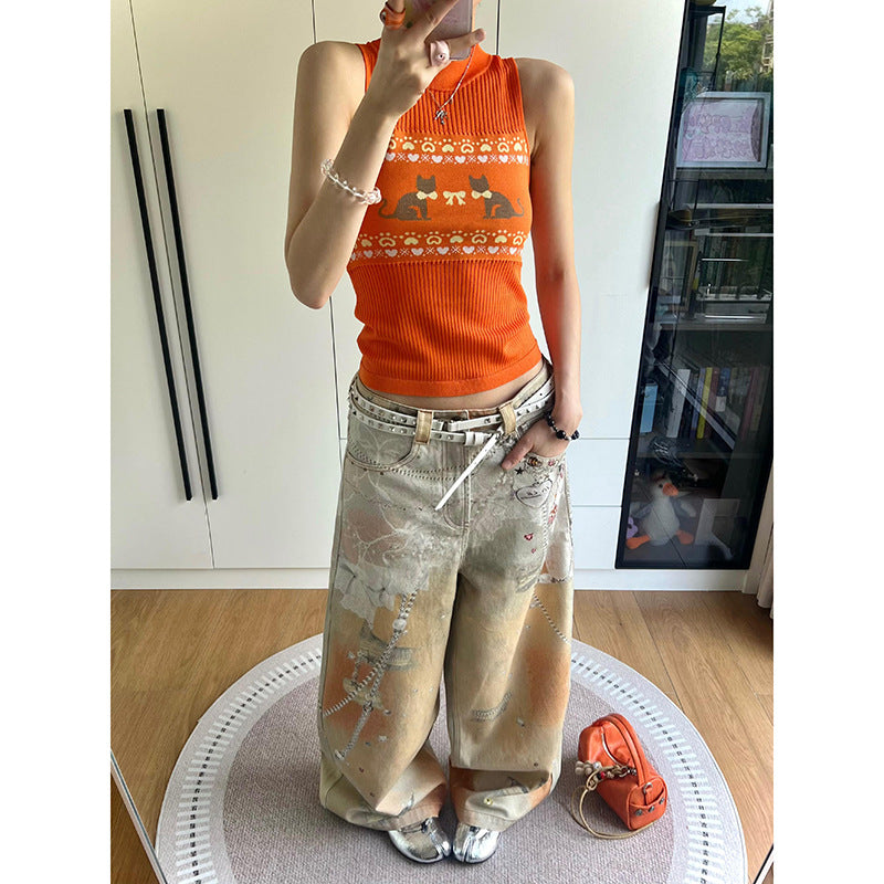 Colorful Inkjet Heavy Pattern Printed Jeans for Women, Unique Design, Loose Straight Wide-Leg Floor-Length Pants