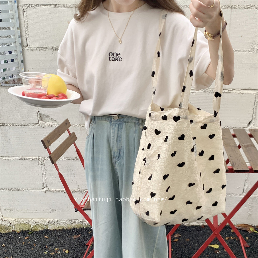 Little White Rabbit Desk New Textured Heart Canvas Single Shoulder Vest Bag Large Capacity Handbag for Women Underarm Small Win Shuo