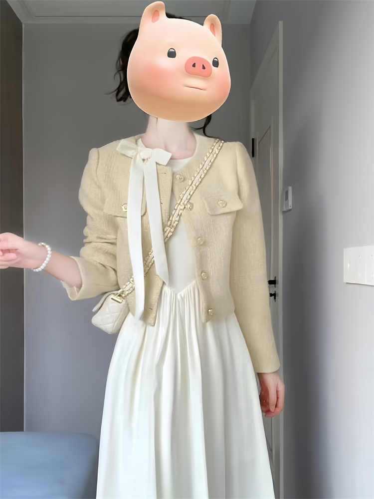 Plus Size Fat mm Little Chanel Style Set Spring and Autumn Women's Clothing2025New Design Bowknot Dress and Jacket Set