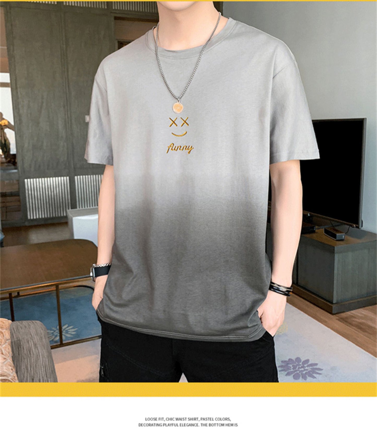 Leisure t Trendy Slim Fit T-Shirt Round Neck Gradient Print Short Sleeve Top T Men's Trendy Versatile Shirt ins Wind