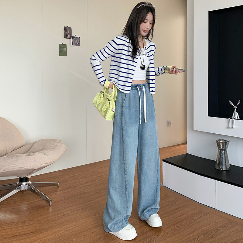 Tencel Jeans for Women Summer Thin Elastic Waist High Waist Draped Large Size Loose Straight Side Seam Front-Moved Wide-Leg Pants