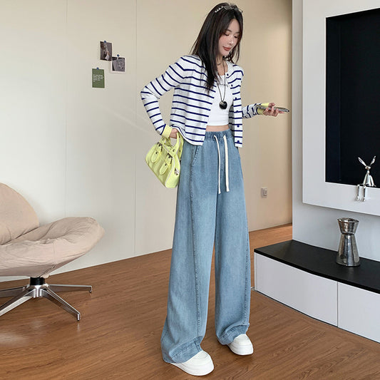 Tencel Jeans for Women Summer Thin Elastic Waist High Waist Draped Large Size Loose Straight Side Seam Front-Moved Wide-Leg Pants
