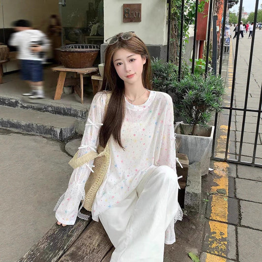 Dopamine Star Sun Protection Long Sleeve Knit Top Autumn2024New Loose Bowknot Design Niche Top
