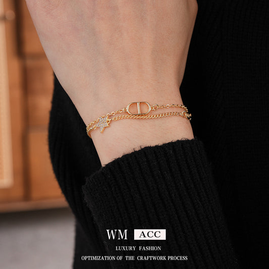 Zircon Star Pig Nose Double Layer Bracelet Niche Light Luxury High-end Versatile Fashion Commuting Vintage Jewelry