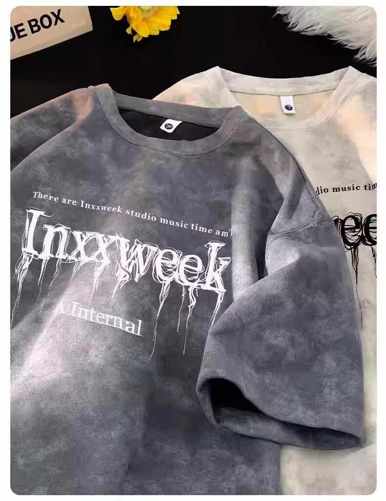 American Style Tie-Dye Short Sleeve T Men's Summer T-shirt2025New Style Dirty Street Style Casual Loose Breathable Plus Size T-Shirt