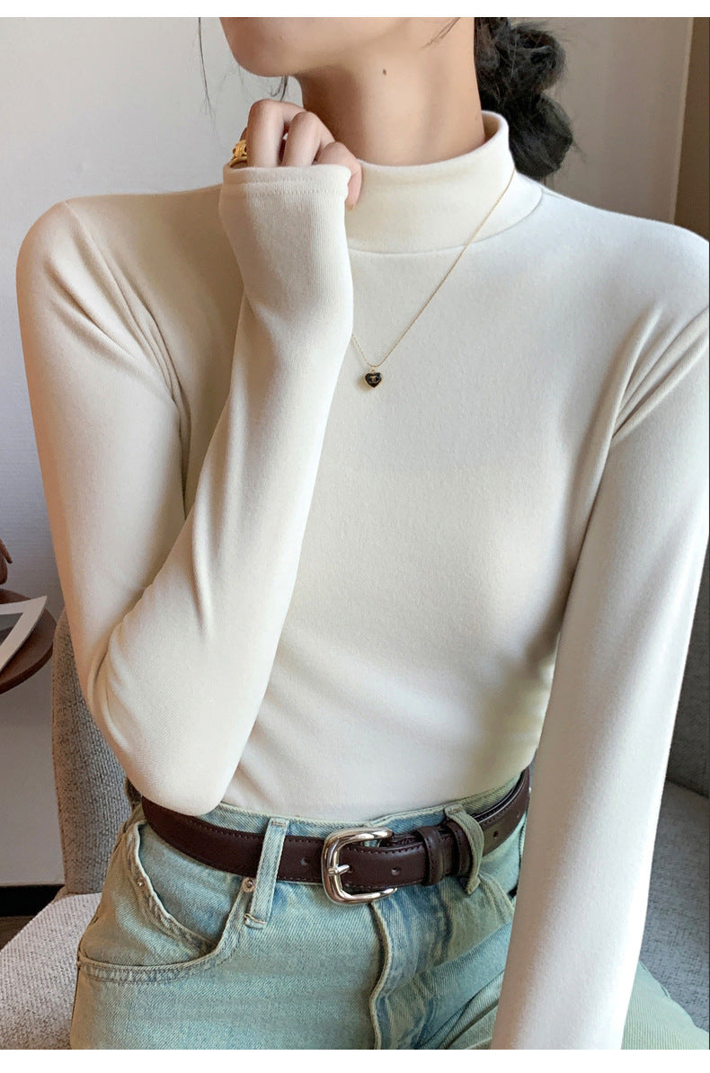 Half Turtleneck Double-Sided Thermal Base Shirt for Women, Spring and Autumn Style, Stylish Inner Wear, Solid Color, Fleece-Lined, Thickened, Warm Long-Sleeve Top