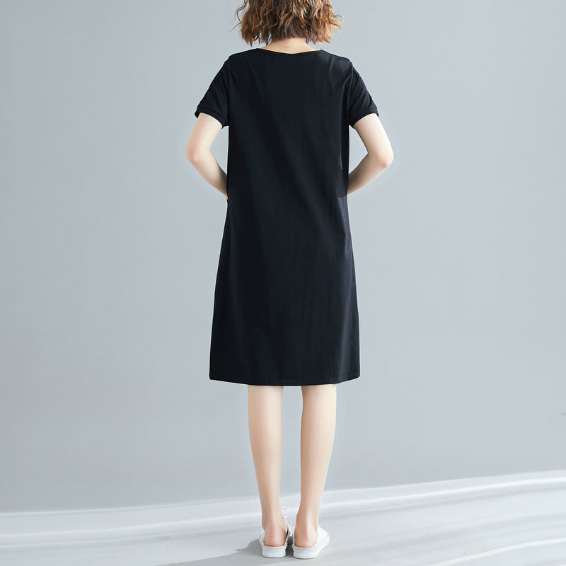 Plus Size Women's Summer Loose Korean Style Mid-Length Dress T Shirt and Skirt for Plus Size mm Solid Color V Collared Slimming Short Sleeve Dress