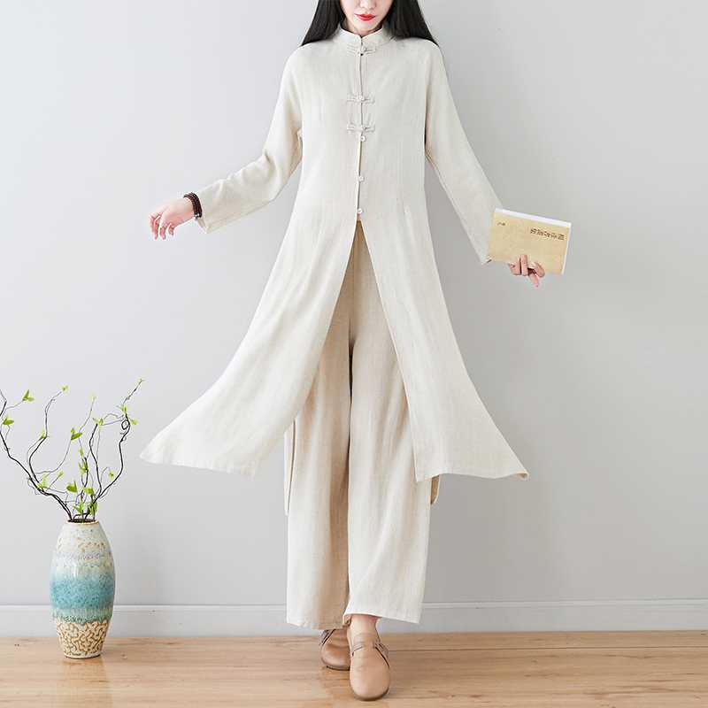 Real Shot 2024Linen Tea Clothing Spring and Autumn Zen Style Layperson Clothing Hanfu Chinese Style Tang Suit Set
