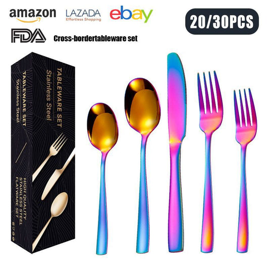 tatableware set Square Handle Stainless Steel Knife Fork Spoon Mail Order Box Color Box Set Titanium Coated Western Steak Knife Fork