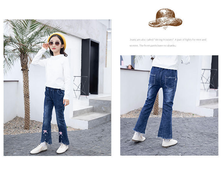 Children's Clothing Wholesale Girls' Jeans Spring and Autumn New Style Medium and Large Children's Slim Pants Baby Casual Girls' Flared Long Pants