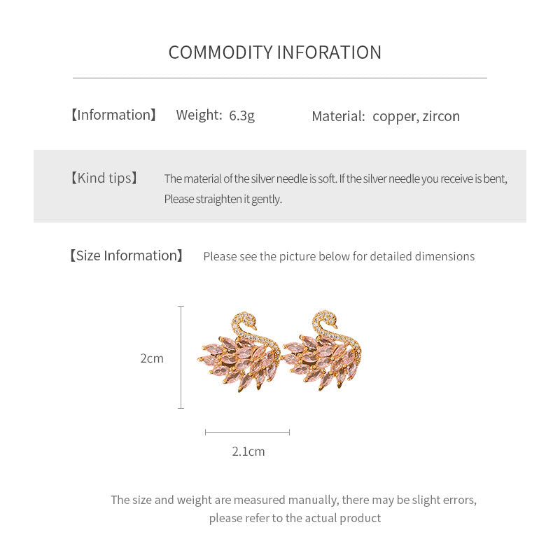 Real Gold Plated Silver Needle Zircon Swan Earrings Niche Light Luxury Exquisite ins Earrings with a high-end feel versatile for women