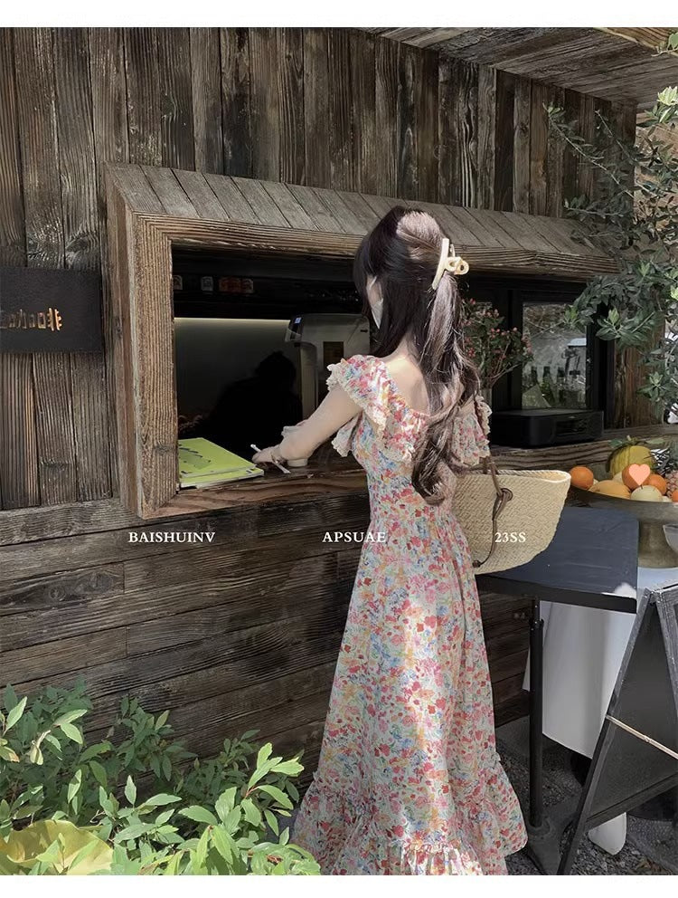 Floral Square Neck Slim Fit Women's Dress for Beach Vacation Casual Long Dress
