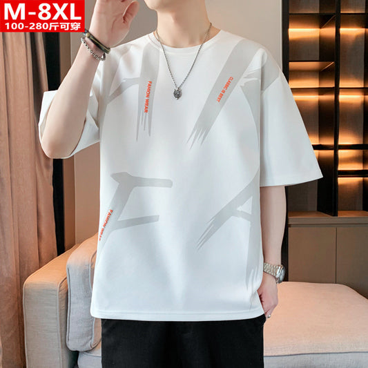 Summer Trendy Hong Kong Style Men's Printed Round Neck Short Sleeve T T-shirt Plus Size Loose Casual T-Shirt for Overweight Men