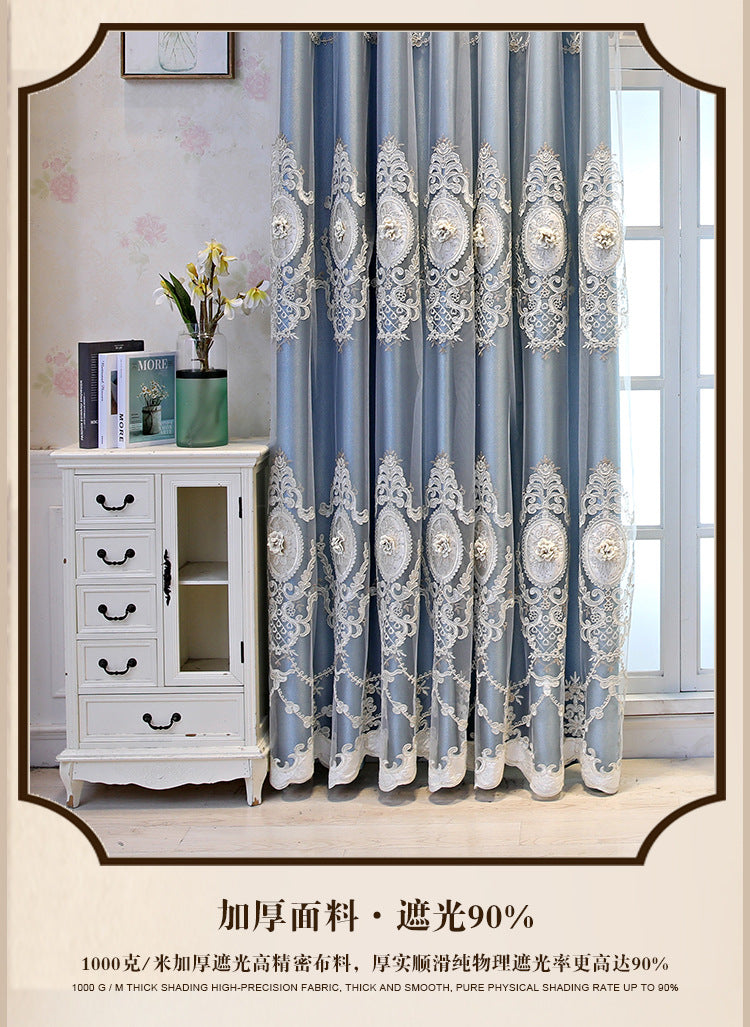 European Style High-End Simple Modern Fabric Sheer Integrated Blackout Double Layer Embossed Embroidered Curtains for Living Room Bedroom Balcony