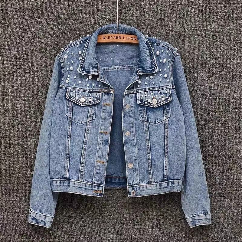 Amazon Cross-Border Southeast Asia Heavy Fashion Beaded Short Denim Jacket for Women Pearl Plus Size Jacket ns Top