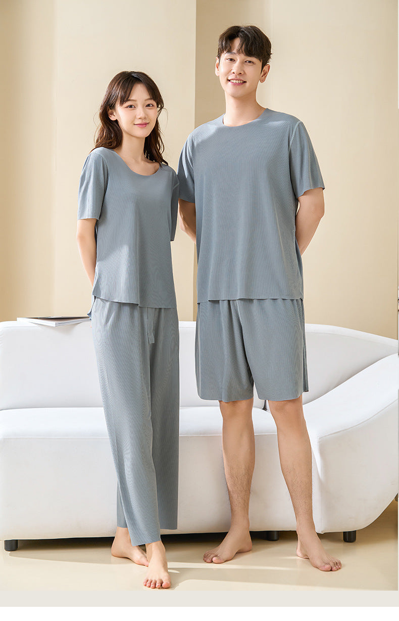 Couple Pajamas Women's Round Neck Short Sleeve Pajama Set Summer Shorts Men's Thin Seamless Ice Silk Homewear Wholesale
