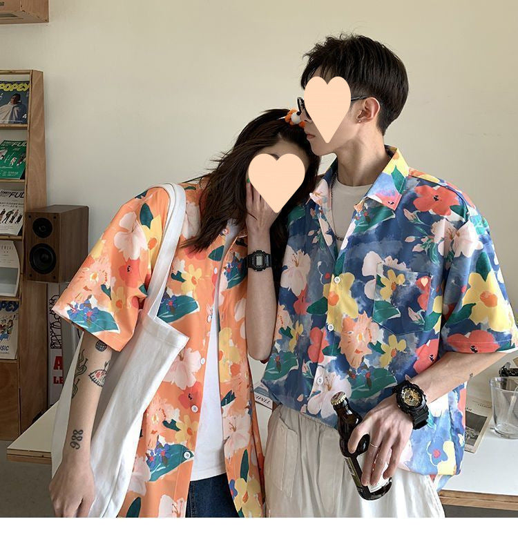 Summer Short Sleeve Floral Shirt for Men and Women Hawaiian Retro Hong Kong Style Loose Ice Silk Shirt Couple Outfit