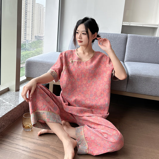 New Chinese Style Retro National Style Cotton Gauze Pajamas Plus Size for Women mm Summer Thin Loose Fit200Pure Cotton Homewear