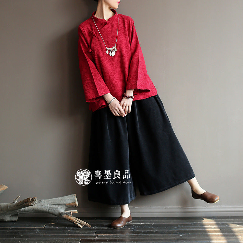 8813Xi Mo Women's Clothing Republic of China Retro Artistic Spring and Autumn New Double Layer Jacquard Button Shirt Chinese Style Short Top