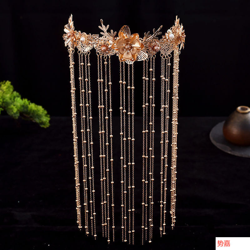 Bridal Hair Accessories Set Tiara Versatile Qing Dynasty Style Xiuhe Costume Crown Veil Hair Accessories Makeup Gold