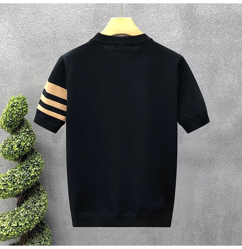 2025New Short Sleeve Knitted Shirt for Men, Striped, Simple, High-End Business, Mature, Slim Fit, Ice Silk T Men's Shirt