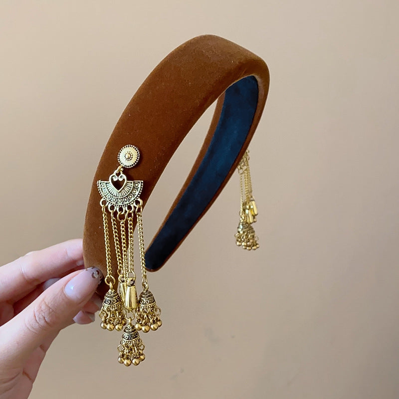 Ethnic Style Velvet Bell Tassel Headband New Chinese Style National Trend High Skull Top Headband Niche High-end Retro Hair Accessory