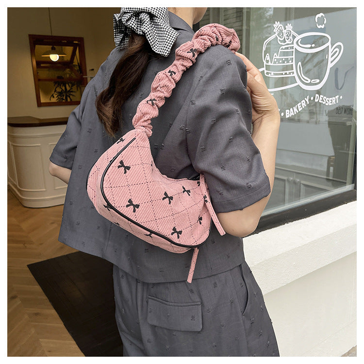 Sweet Bow Plaid Single Shoulder Underarm Crescent Bag2024Autumn new simple casual large capacity handbag