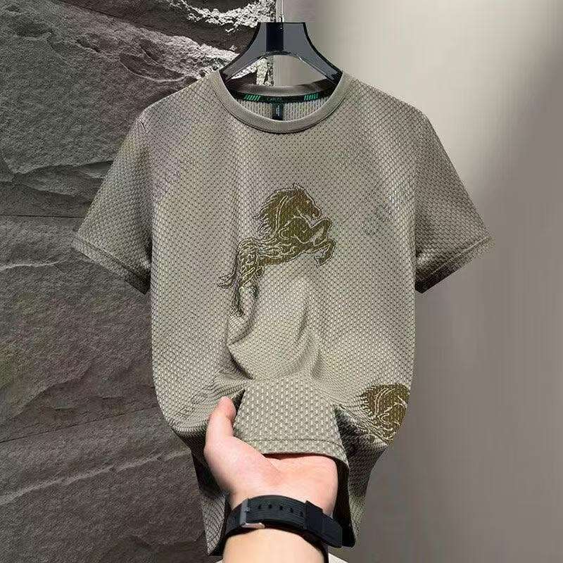 Foreign Trade Ice Silk Short Sleeve t Men's Summer Trendy Brand Short Sleeve T-Shirt2025New casual quick-dry men's top