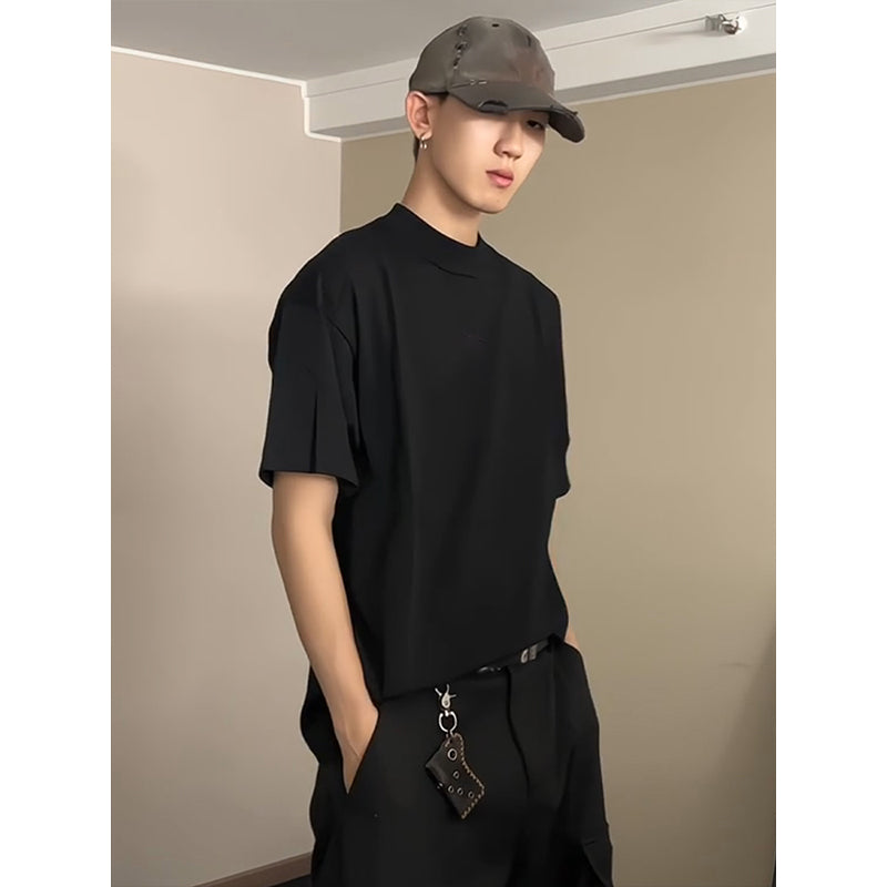 cleanfit Black Cotton Short Sleeve t Men's Summer American Style High-End Small Collar Regular Shoulder Inner Wear Half Sleeve Shirt