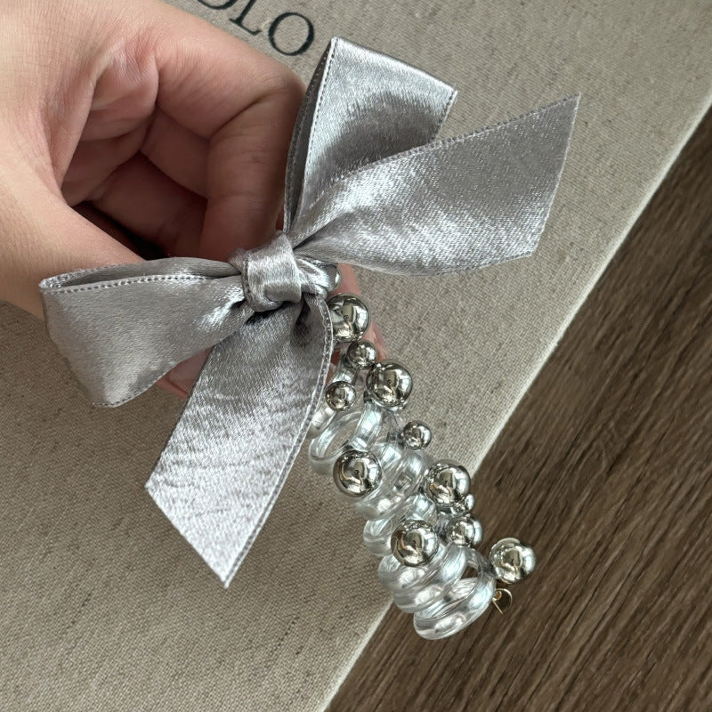 Korean Style Silver Bow Hair Tie Beaded Telephone Wire Hair Rope Ponytail Holder Sweet Bubble Braid Hair Styling Tool
