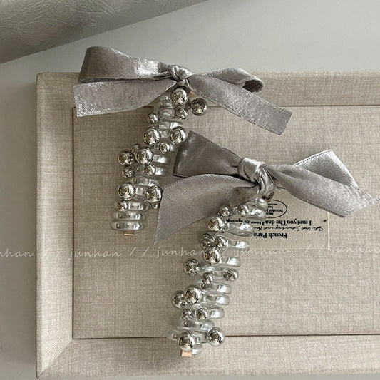 Korean Style Silver Bow Hair Tie Beaded Telephone Wire Hair Rope Ponytail Holder Sweet Bubble Braid Hair Styling Tool