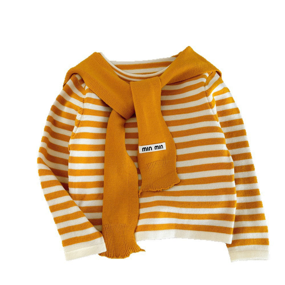 Girls' Striped Shawl Knitted Base Shirt for Outerwear, Autumn New Fashionable Color-Block Round Neck Long Sleeve T T shirt