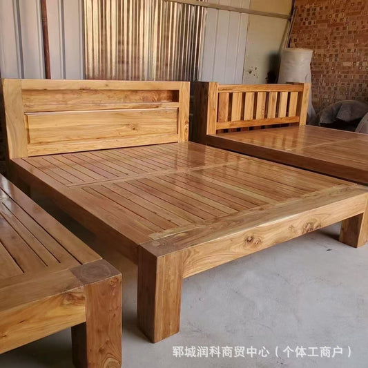 Old Elm Solid Wood Bed Modern Simple Bed Homestay Internet Celebrity Rental Dormitory Falcon Rivet Tatami Hard Board Bed