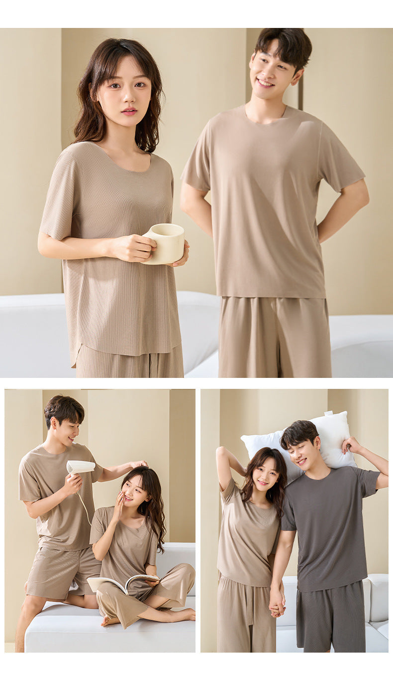 Couple Pajamas Women's Round Neck Short Sleeve Pajama Set Summer Shorts Men's Thin Seamless Ice Silk Homewear Wholesale