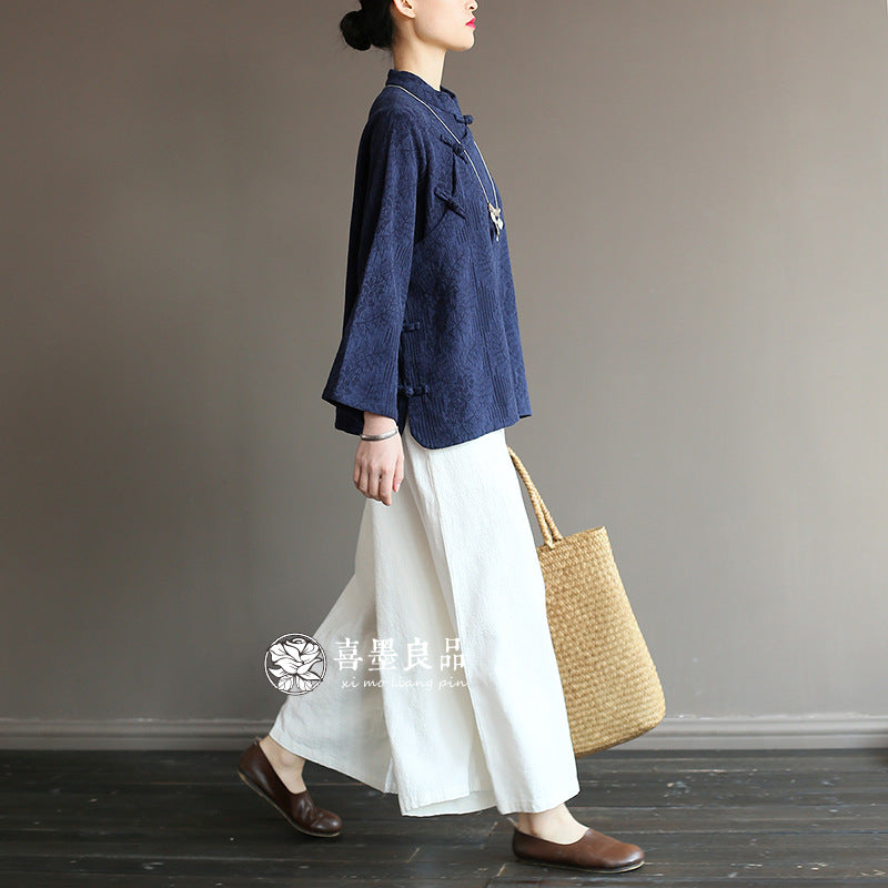 8813Xi Mo Women's Clothing Republic of China Retro Artistic Spring and Autumn New Double Layer Jacquard Button Shirt Chinese Style Short Top